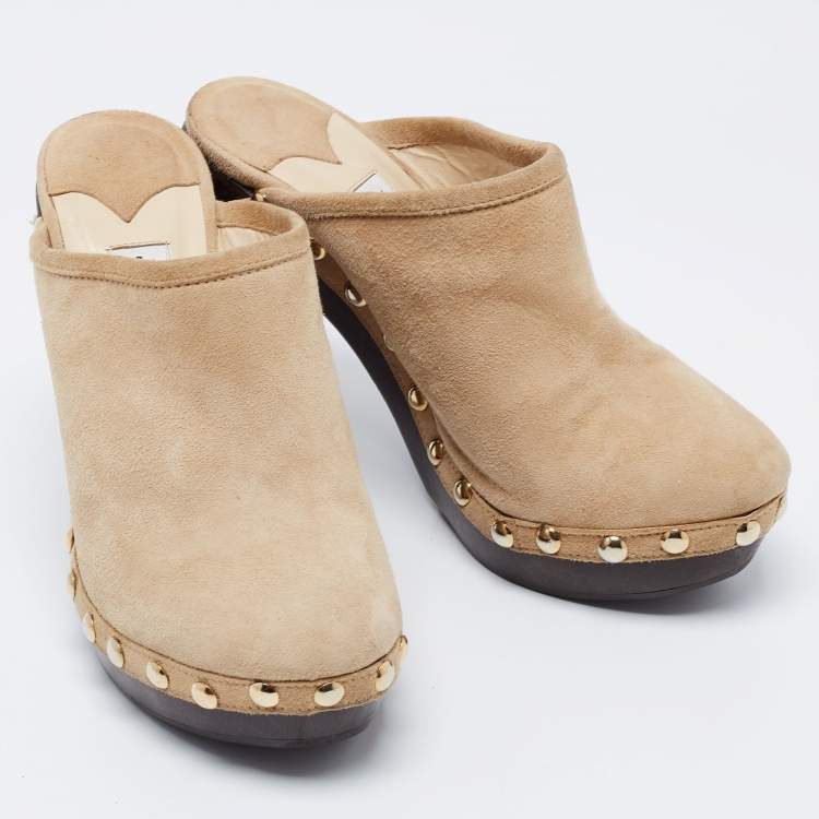 Pre Owned Jimmy Choo Beige Suede Studded Mules Size 37.5