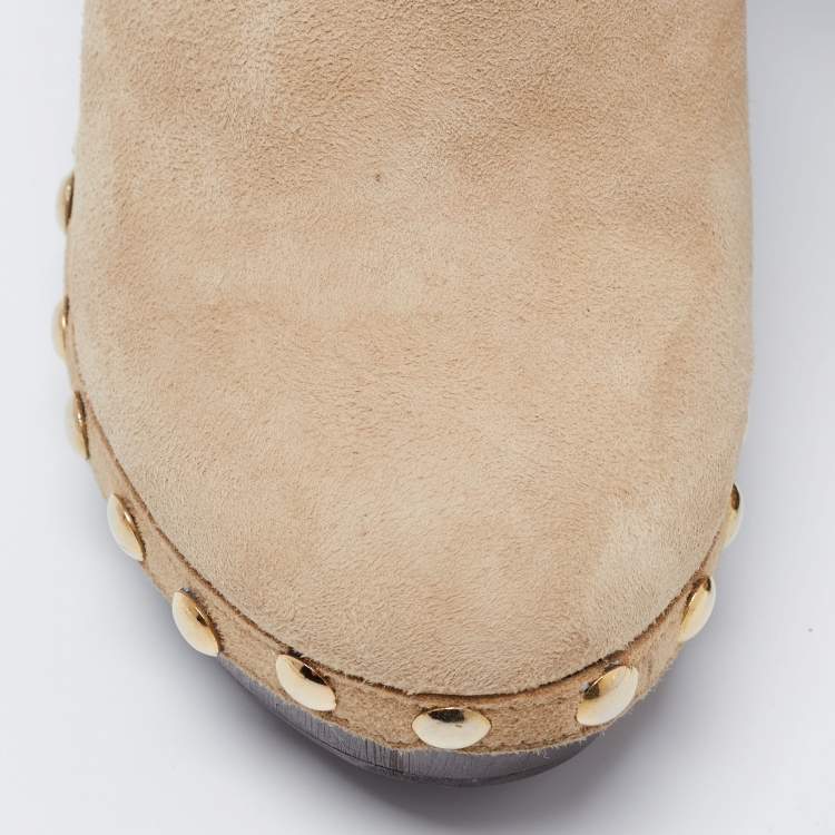 Pre Owned Jimmy Choo Beige Suede Studded Mules Size 37.5