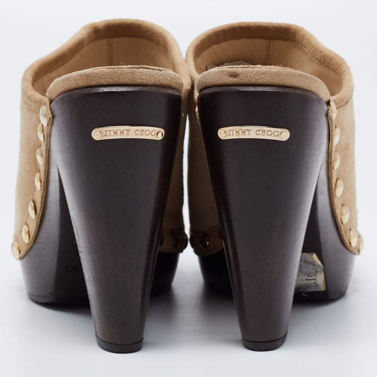 Pre Owned Jimmy Choo Beige Suede Studded Mules Size 37.5