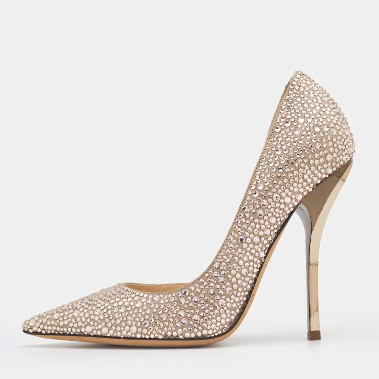 Pre Owned Jimmy Choo Beige Suede Crystal Embellished D'Orsay Pumps Size 35.5