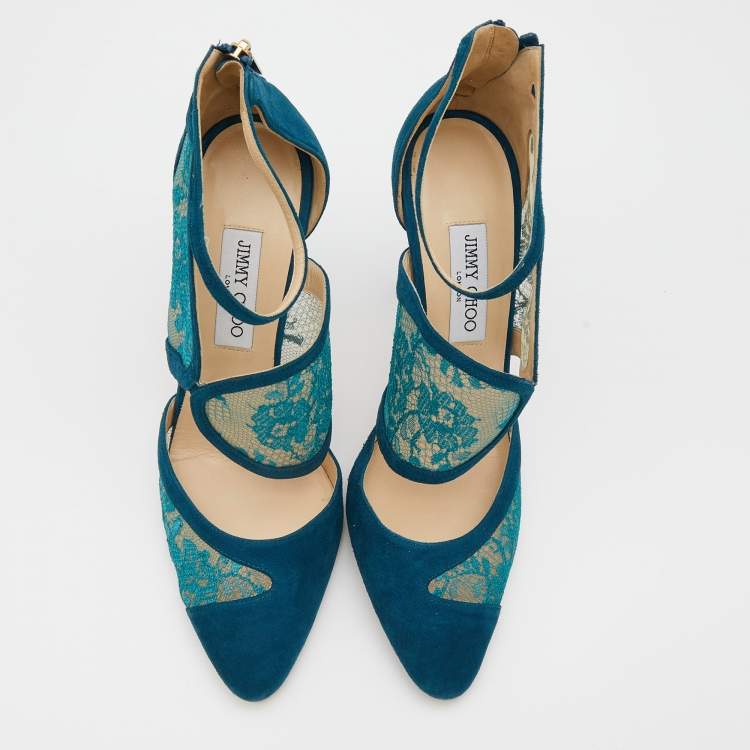 Pre Owned Jimmy Choo Blue Lace And Suede Fyber D'orsay Pumps Size 41