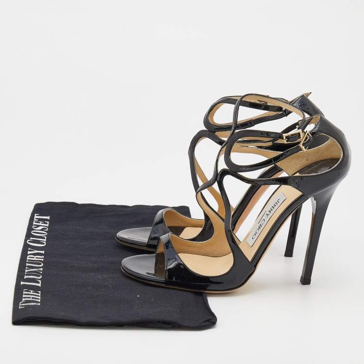 Pre Owned Jimmy Choo Black Patent Leather Ivette Strappy Sandals Size 37.5