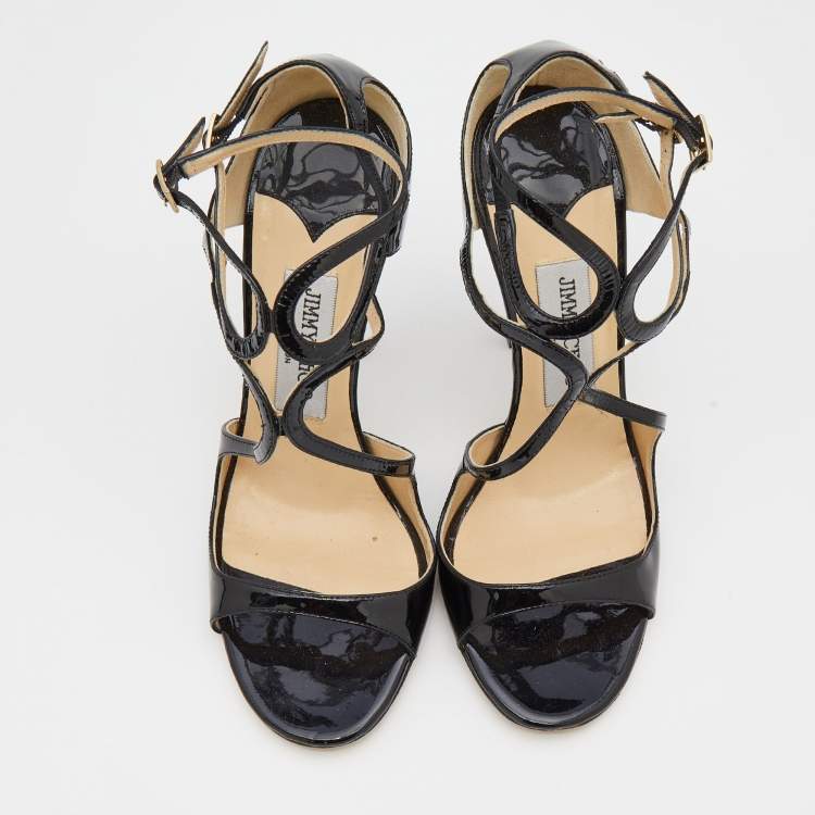 Pre Owned Jimmy Choo Black Patent Leather Ivette Strappy Sandals Size 37.5