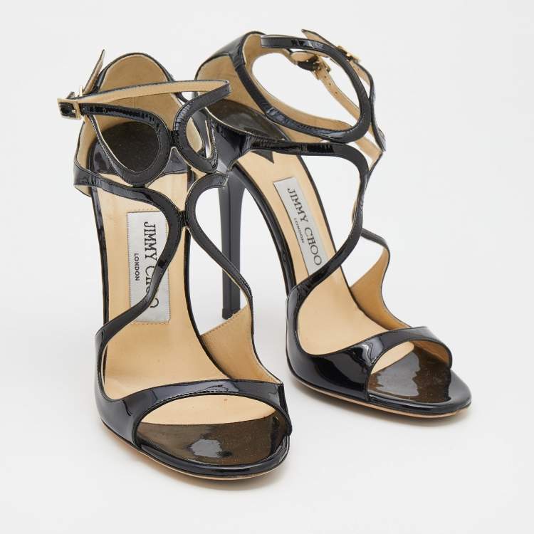 Pre Owned Jimmy Choo Black Patent Leather Ivette Strappy Sandals Size 37.5