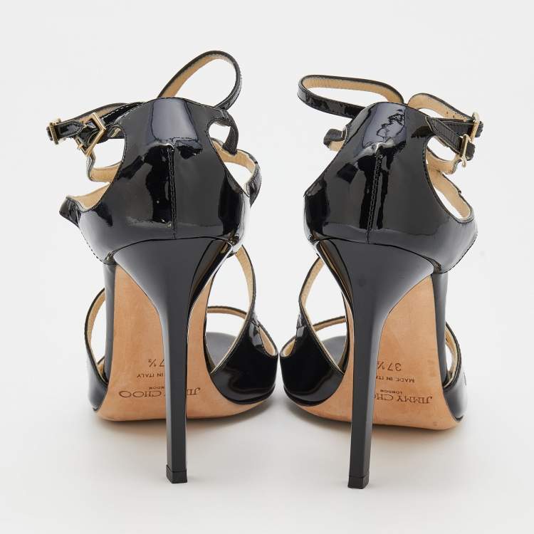 Pre Owned Jimmy Choo Black Patent Leather Ivette Strappy Sandals Size 37.5