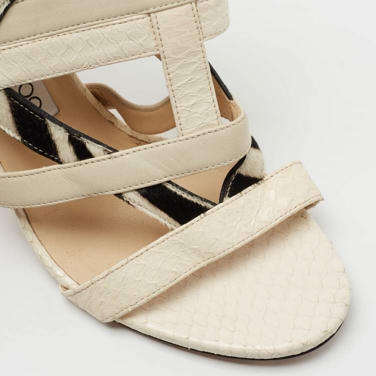 Pre Owned Jimmy Choo Cream/Black Python And Calf Leather Ankle Strap Sandals Size 38
