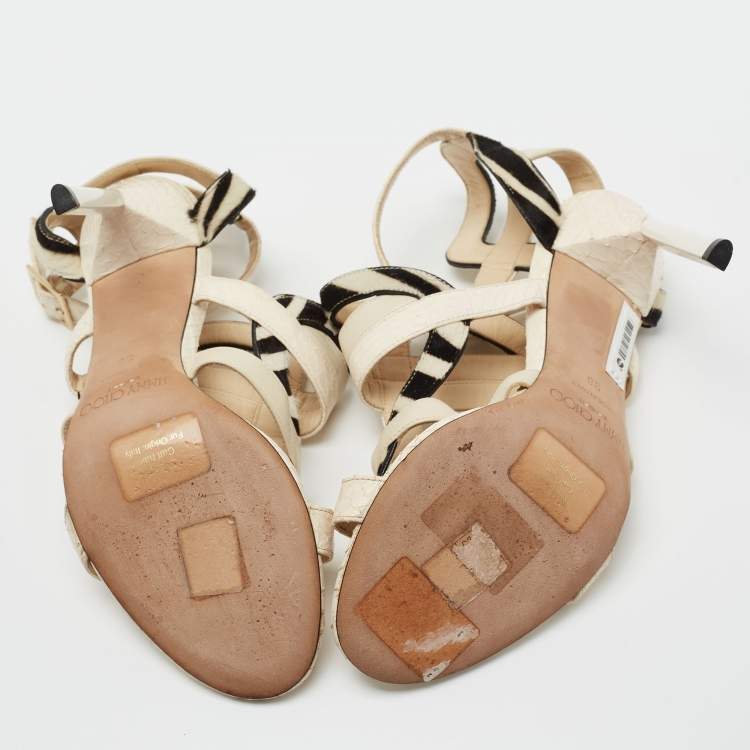 Pre Owned Jimmy Choo Cream/Black Python And Calf Leather Ankle Strap Sandals Size 38