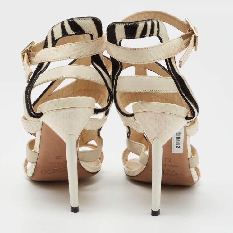 Pre Owned Jimmy Choo Cream/Black Python And Calf Leather Ankle Strap Sandals Size 38