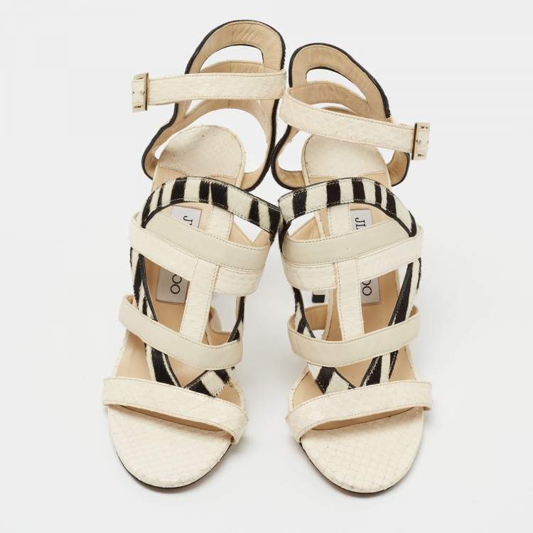Pre Owned Jimmy Choo Cream/Black Python And Calf Leather Ankle Strap Sandals Size 38