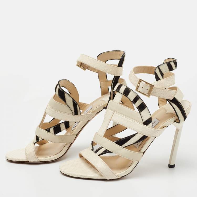 Pre Owned Jimmy Choo Cream/Black Python And Calf Leather Ankle Strap Sandals Size 38