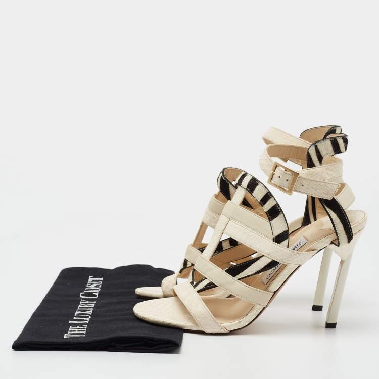 Pre Owned Jimmy Choo Cream/Black Python And Calf Leather Ankle Strap Sandals Size 38