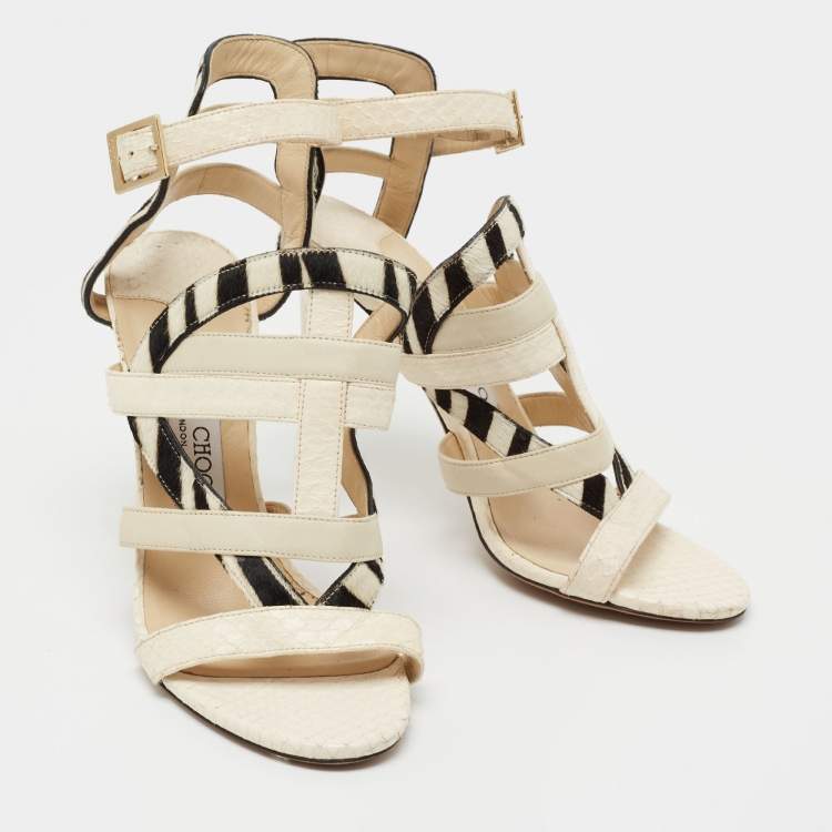 Pre Owned Jimmy Choo Cream/Black Python And Calf Leather Ankle Strap Sandals Size 38