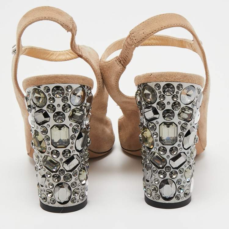 Pre Owned Jimmy Choo Beige Suede Crystal Embellished Heel Meagan Slingback Pumps Size 39