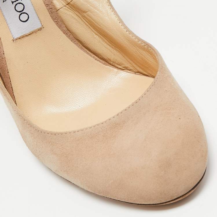 Pre Owned Jimmy Choo Beige Suede Crystal Embellished Heel Meagan Slingback Pumps Size 39
