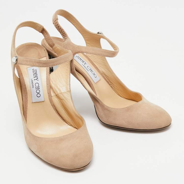 Pre Owned Jimmy Choo Beige Suede Crystal Embellished Heel Meagan Slingback Pumps Size 39