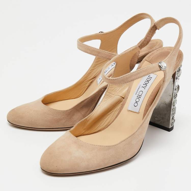 Pre Owned Jimmy Choo Beige Suede Crystal Embellished Heel Meagan Slingback Pumps Size 39