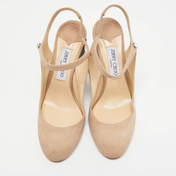 Pre Owned Jimmy Choo Beige Suede Crystal Embellished Heel Meagan Slingback Pumps Size 39