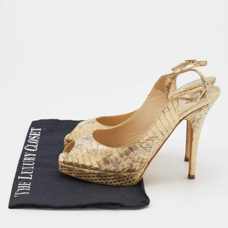 Pre Owned Jimmy Choo Metallic Gold Watersnake Platform Slingback Peep Toe Pumps Size 37.5