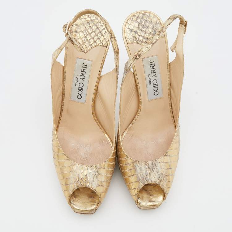 Pre Owned Jimmy Choo Metallic Gold Watersnake Platform Slingback Peep Toe Pumps Size 37.5
