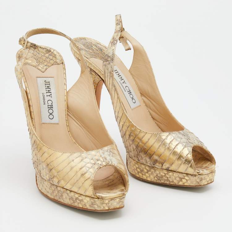 Pre Owned Jimmy Choo Metallic Gold Watersnake Platform Slingback Peep Toe Pumps Size 37.5