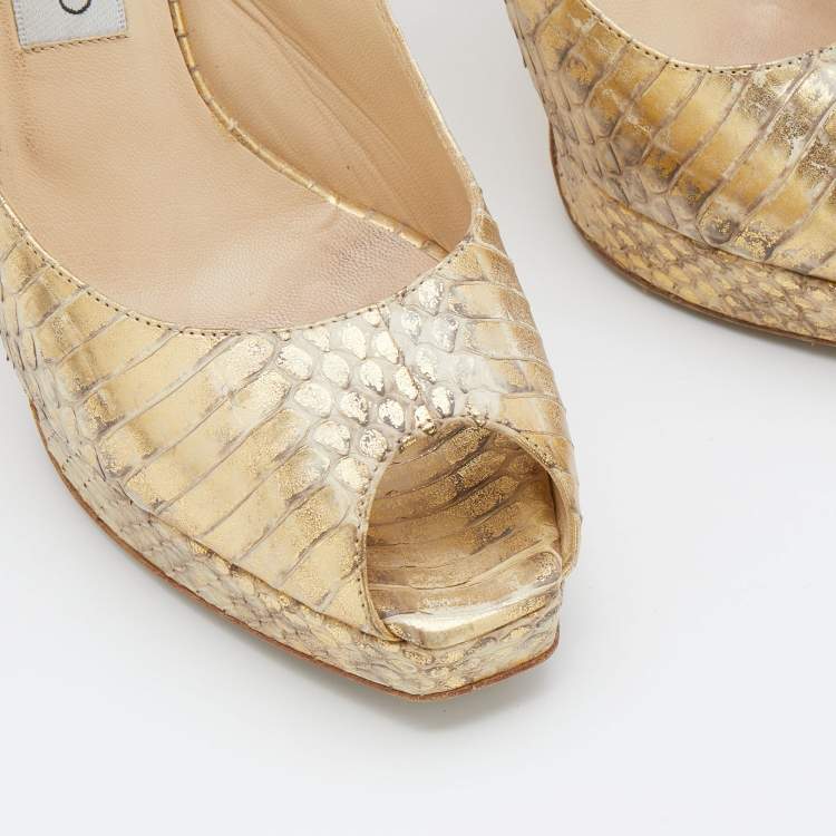 Pre Owned Jimmy Choo Metallic Gold Watersnake Platform Slingback Peep Toe Pumps Size 37.5