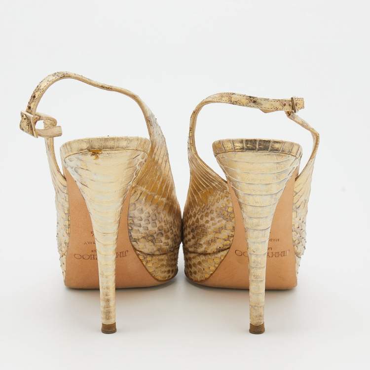 Pre Owned Jimmy Choo Metallic Gold Watersnake Platform Slingback Peep Toe Pumps Size 37.5