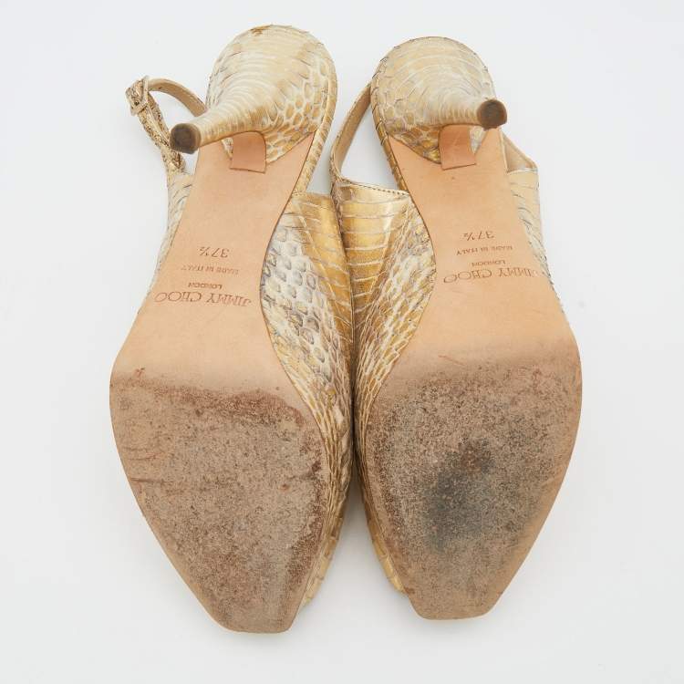 Pre Owned Jimmy Choo Metallic Gold Watersnake Platform Slingback Peep Toe Pumps Size 37.5