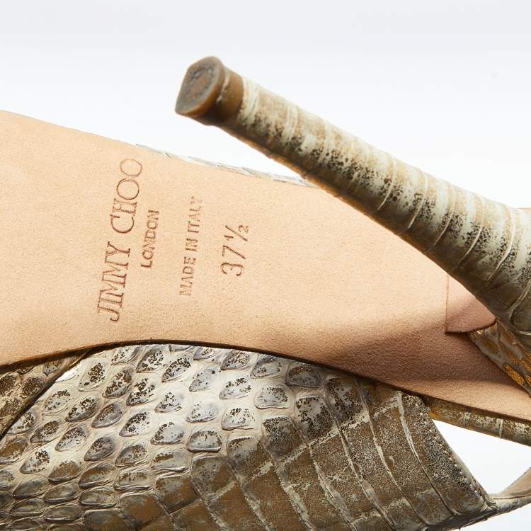Pre Owned Jimmy Choo Metallic Gold Watersnake Platform Slingback Peep Toe Pumps Size 37.5