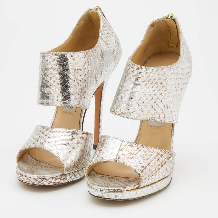 Pre Owned Jimmy Choo Metallic Silver Python Leather Private Open Toe Pumps Size 37.5