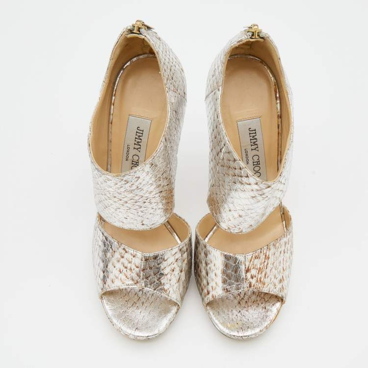 Pre Owned Jimmy Choo Metallic Silver Python Leather Private Open Toe Pumps Size 37.5