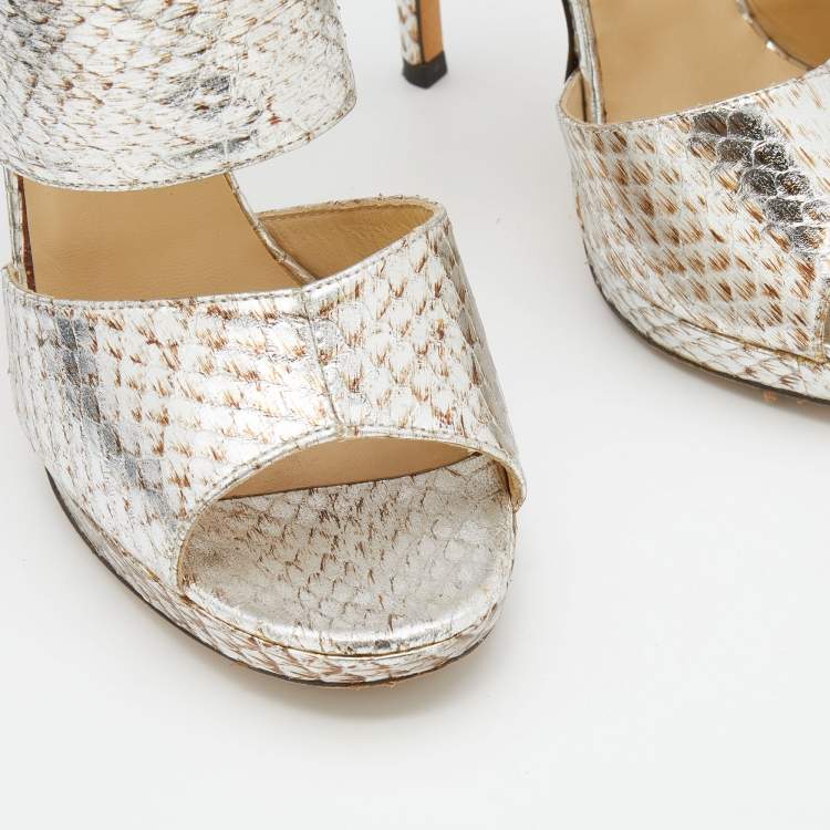 Pre Owned Jimmy Choo Metallic Silver Python Leather Private Open Toe Pumps Size 37.5