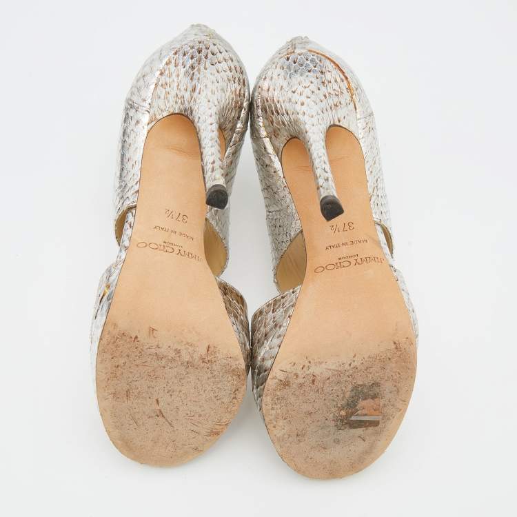 Pre Owned Jimmy Choo Metallic Silver Python Leather Private Open Toe Pumps Size 37.5