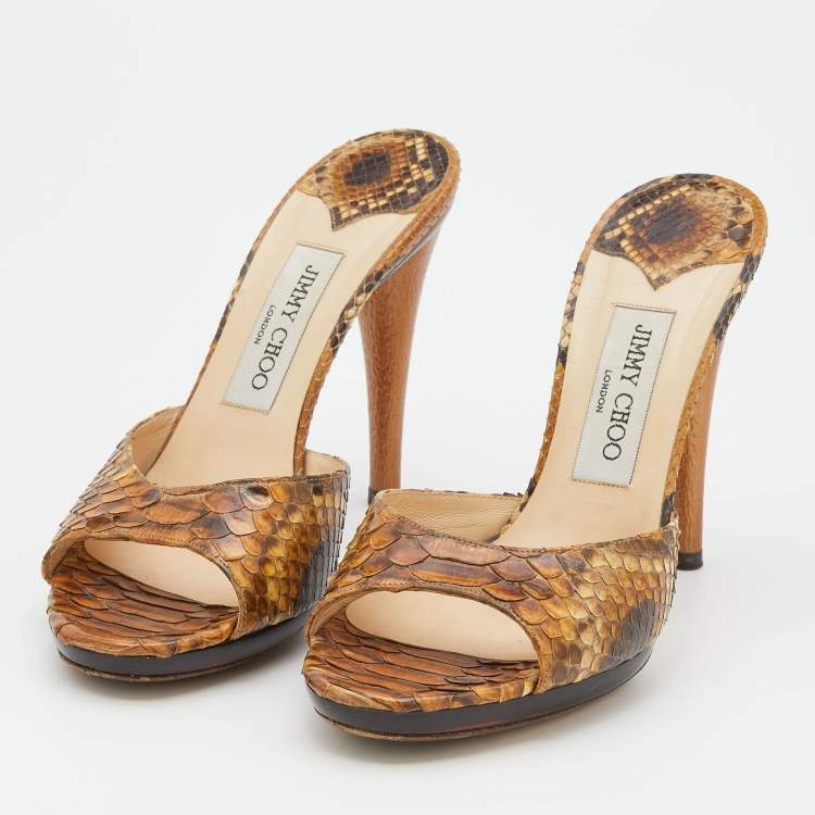 Pre Owned Jimmy Choo Brown/Beige Python Leather Open Toe Slide Sandals Size 38