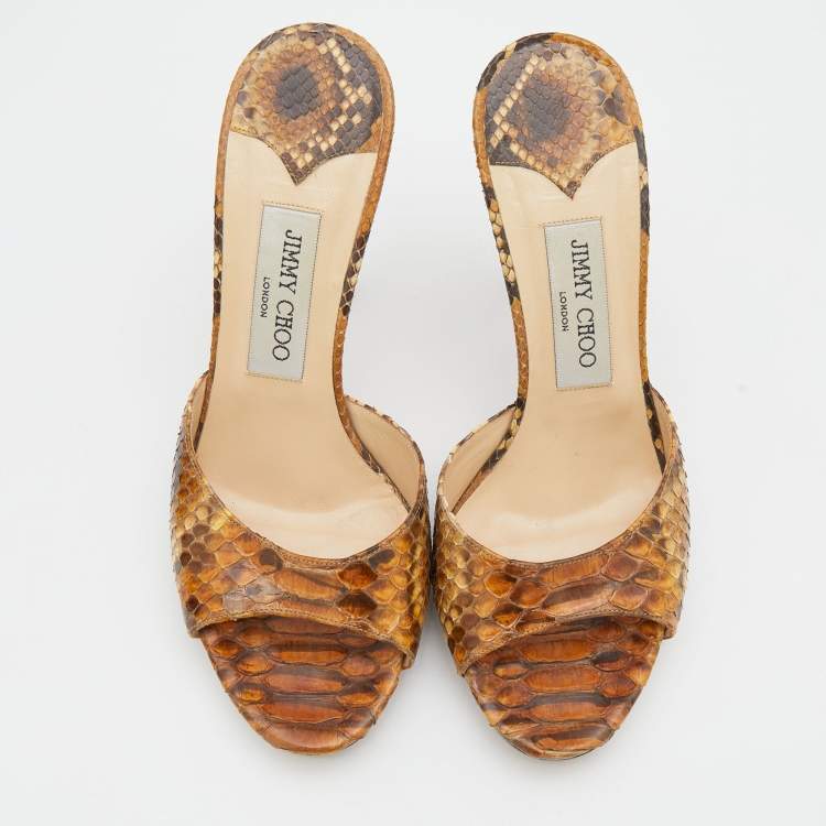Pre Owned Jimmy Choo Brown/Beige Python Leather Open Toe Slide Sandals Size 38