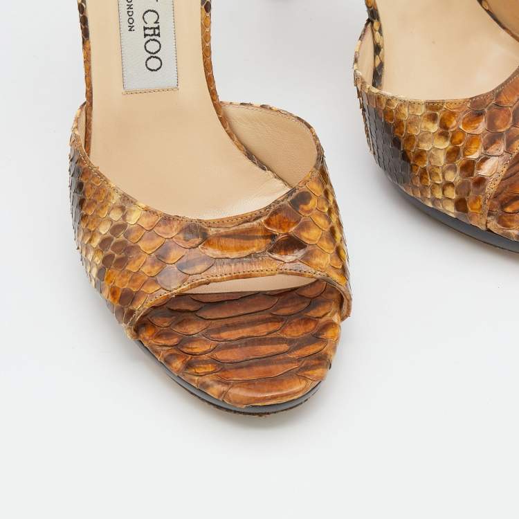 Pre Owned Jimmy Choo Brown/Beige Python Leather Open Toe Slide Sandals Size 38