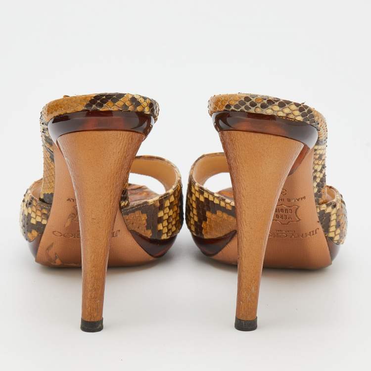 Pre Owned Jimmy Choo Brown/Beige Python Leather Open Toe Slide Sandals Size 38