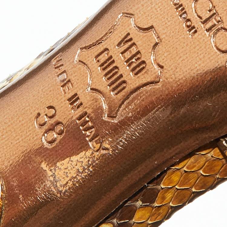 Pre Owned Jimmy Choo Brown/Beige Python Leather Open Toe Slide Sandals Size 38