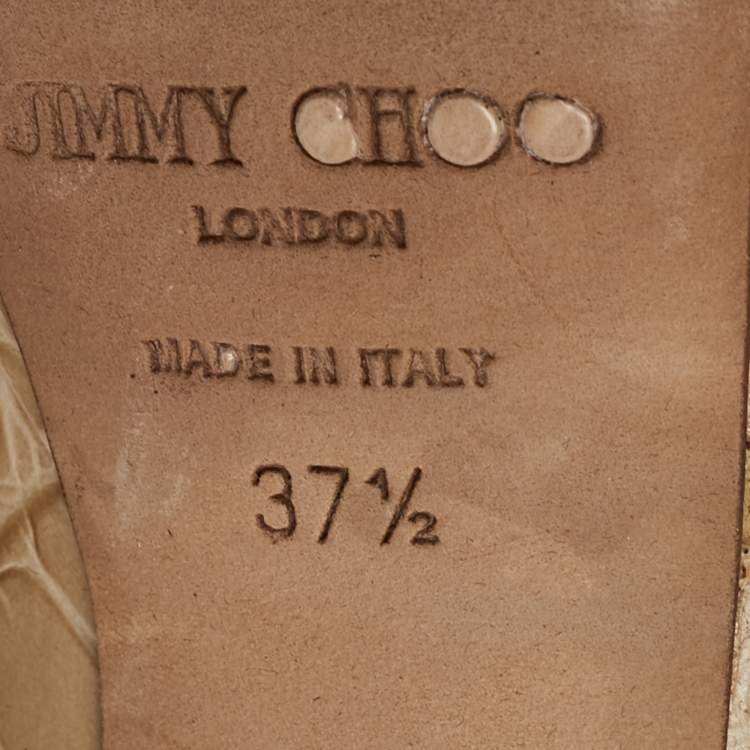 Pre Owned Jimmy Choo Beige Croc Embossed Leather Peep Toe Platform Pumps Size 37.5