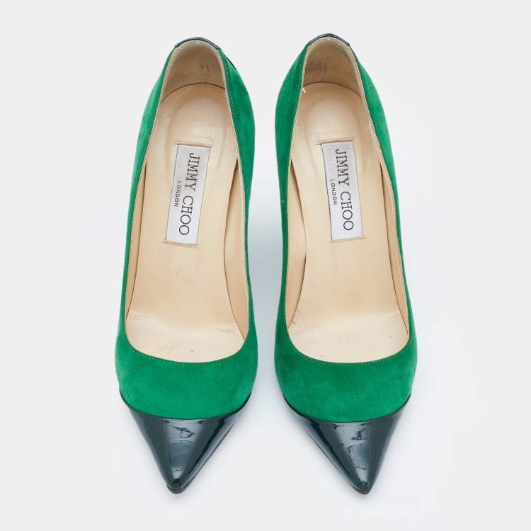 Pre Owned Jimmy Choo Green Suede and Patent Leather Cap Toe Pumps Size 35