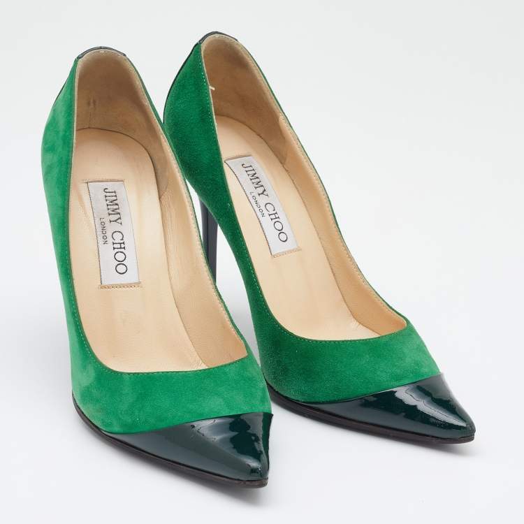 Pre Owned Jimmy Choo Green Suede and Patent Leather Cap Toe Pumps Size 35