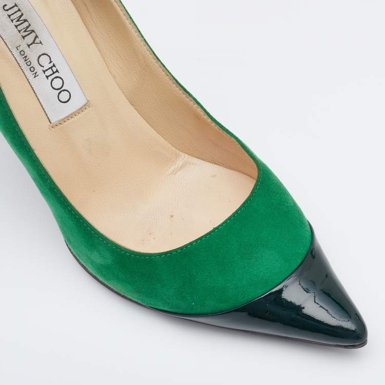 Pre Owned Jimmy Choo Green Suede and Patent Leather Cap Toe Pumps Size 35