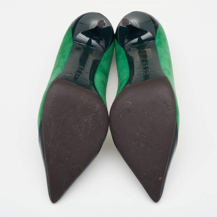 Pre Owned Jimmy Choo Green Suede and Patent Leather Cap Toe Pumps Size 35