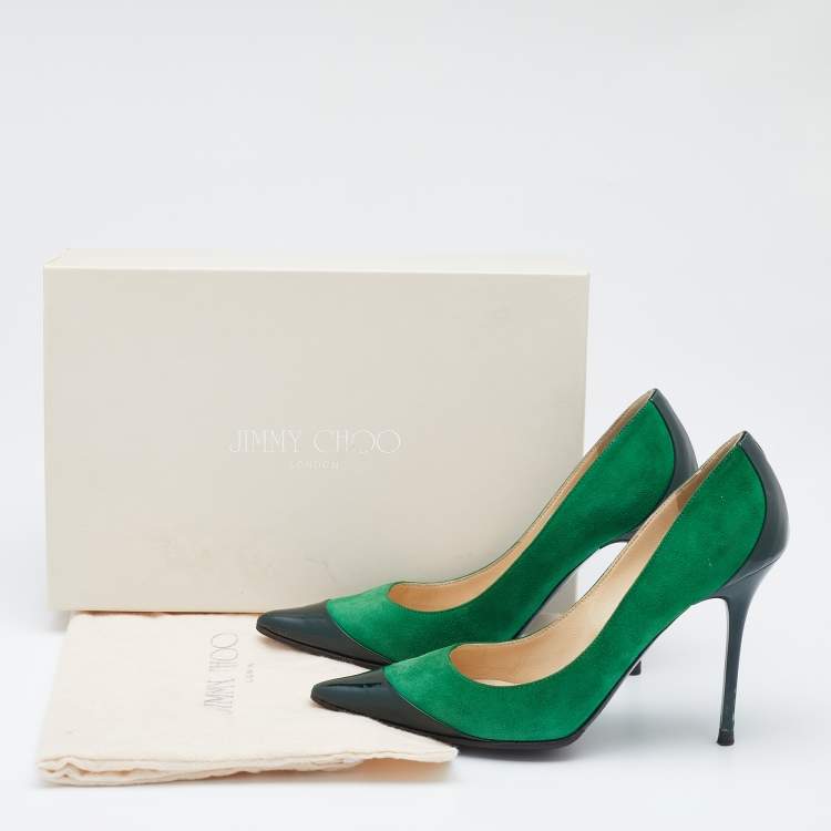 Pre Owned Jimmy Choo Green Suede and Patent Leather Cap Toe Pumps Size 35