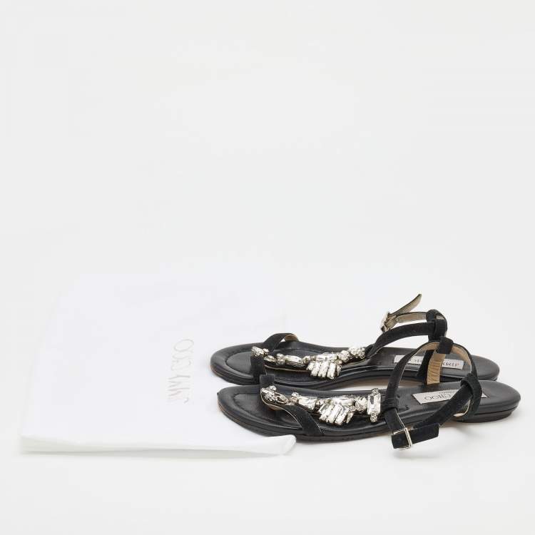Pre Owned Jimmy Choo Black Suede Crystal Embellished Flat Sandals Size 36