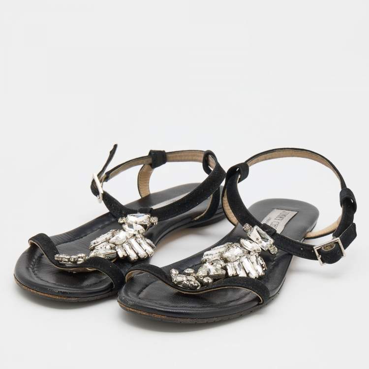 Pre Owned Jimmy Choo Black Suede Crystal Embellished Flat Sandals Size 36