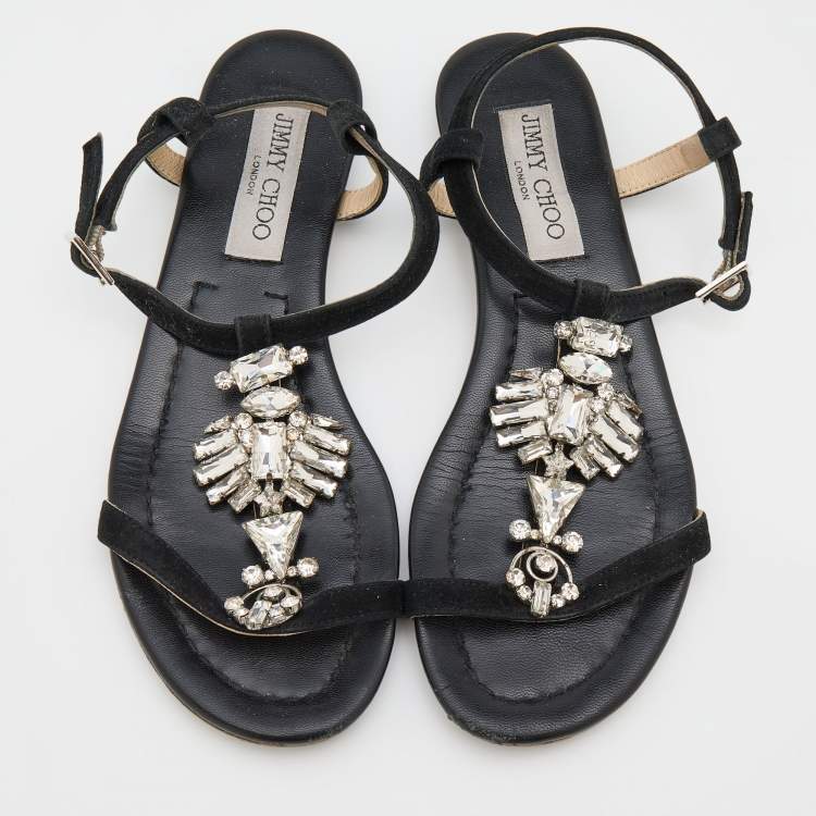 Pre Owned Jimmy Choo Black Suede Crystal Embellished Flat Sandals Size 36