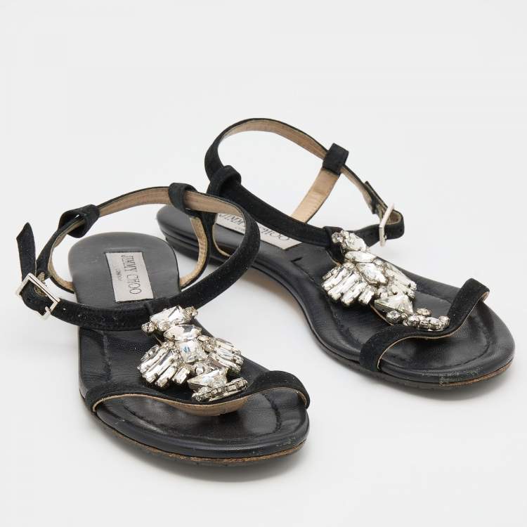 Pre Owned Jimmy Choo Black Suede Crystal Embellished Flat Sandals Size 36