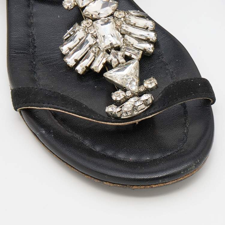 Pre Owned Jimmy Choo Black Suede Crystal Embellished Flat Sandals Size 36
