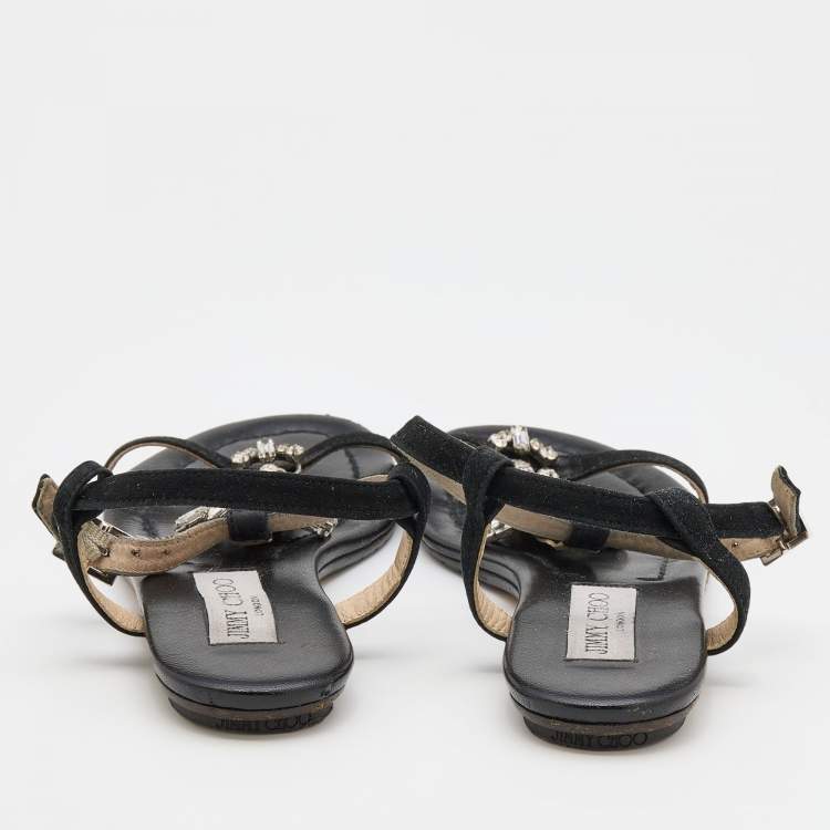 Pre Owned Jimmy Choo Black Suede Crystal Embellished Flat Sandals Size 36