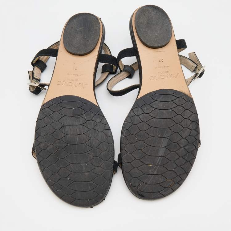 Pre Owned Jimmy Choo Black Suede Crystal Embellished Flat Sandals Size 36